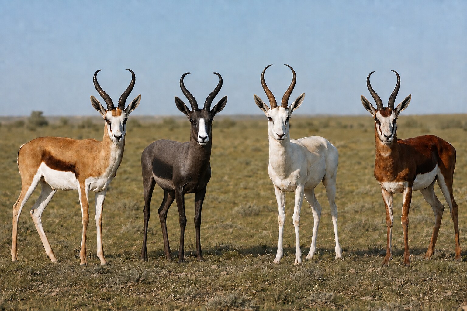 Common, black, white and copper springbok rams